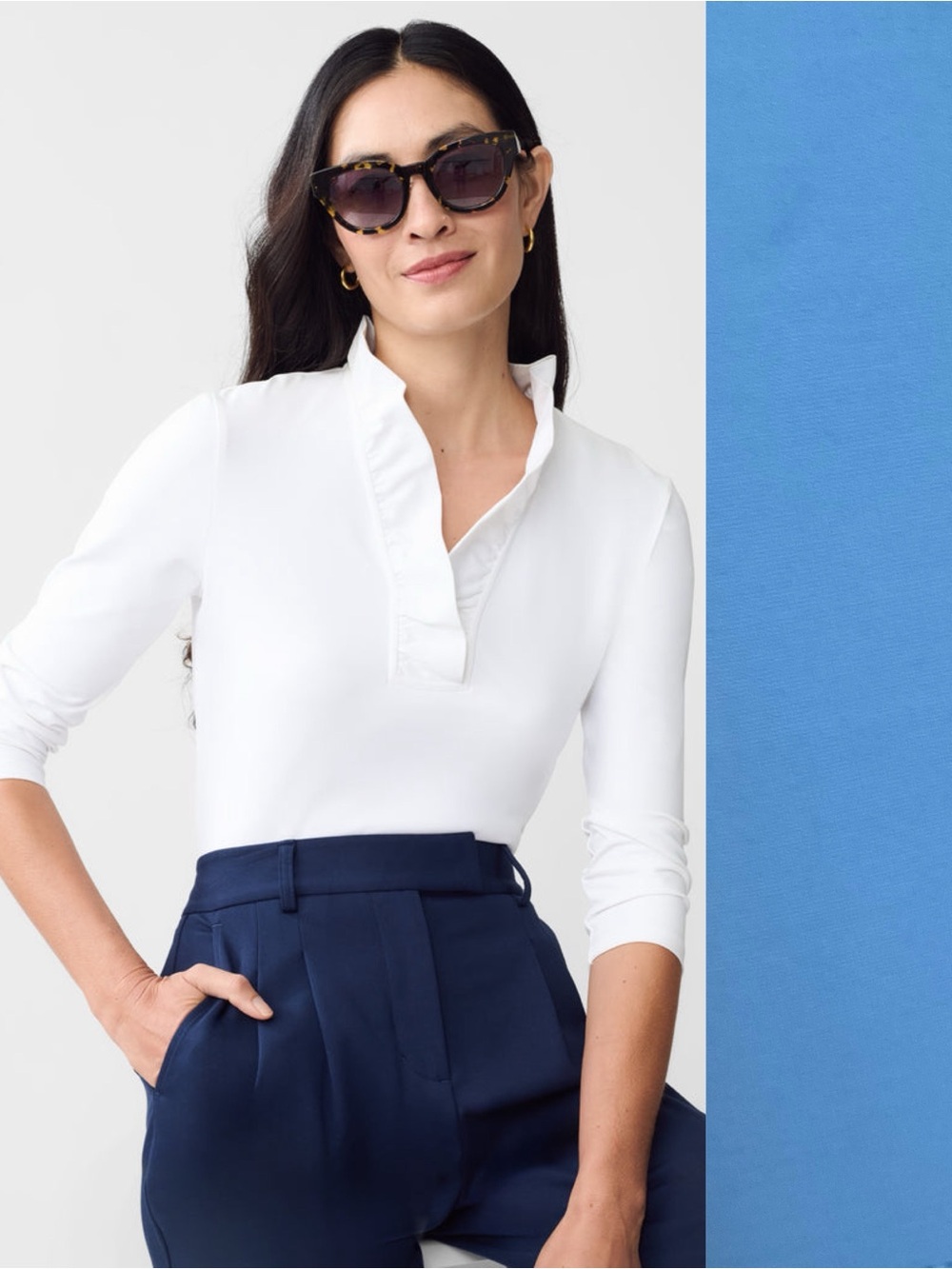 J. McLaughlin Blue Durham Ruffle Top Catalina Cloth Ruffneck Preppy Office.   11